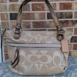 💕 Vintage Coach Beige and Metallic Brown Signature Shoulder Bag Tote Bag